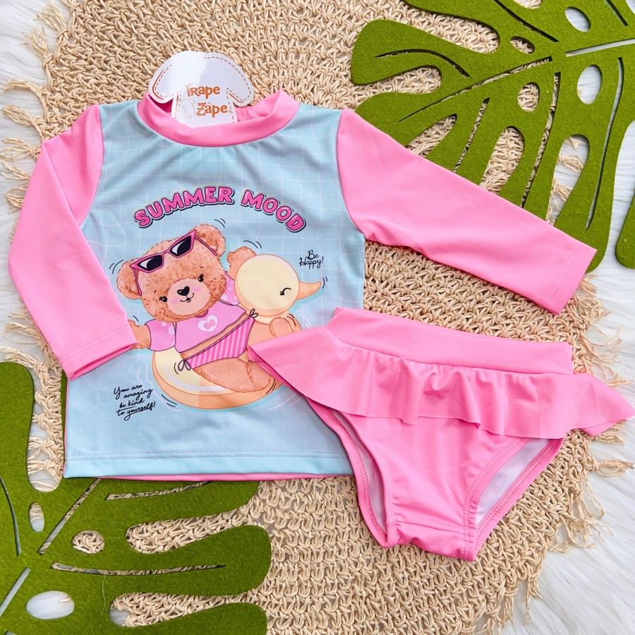  Praia Blusa Ursinha Summer Mood com Proteção UV50+ e Calcinha - Rosa